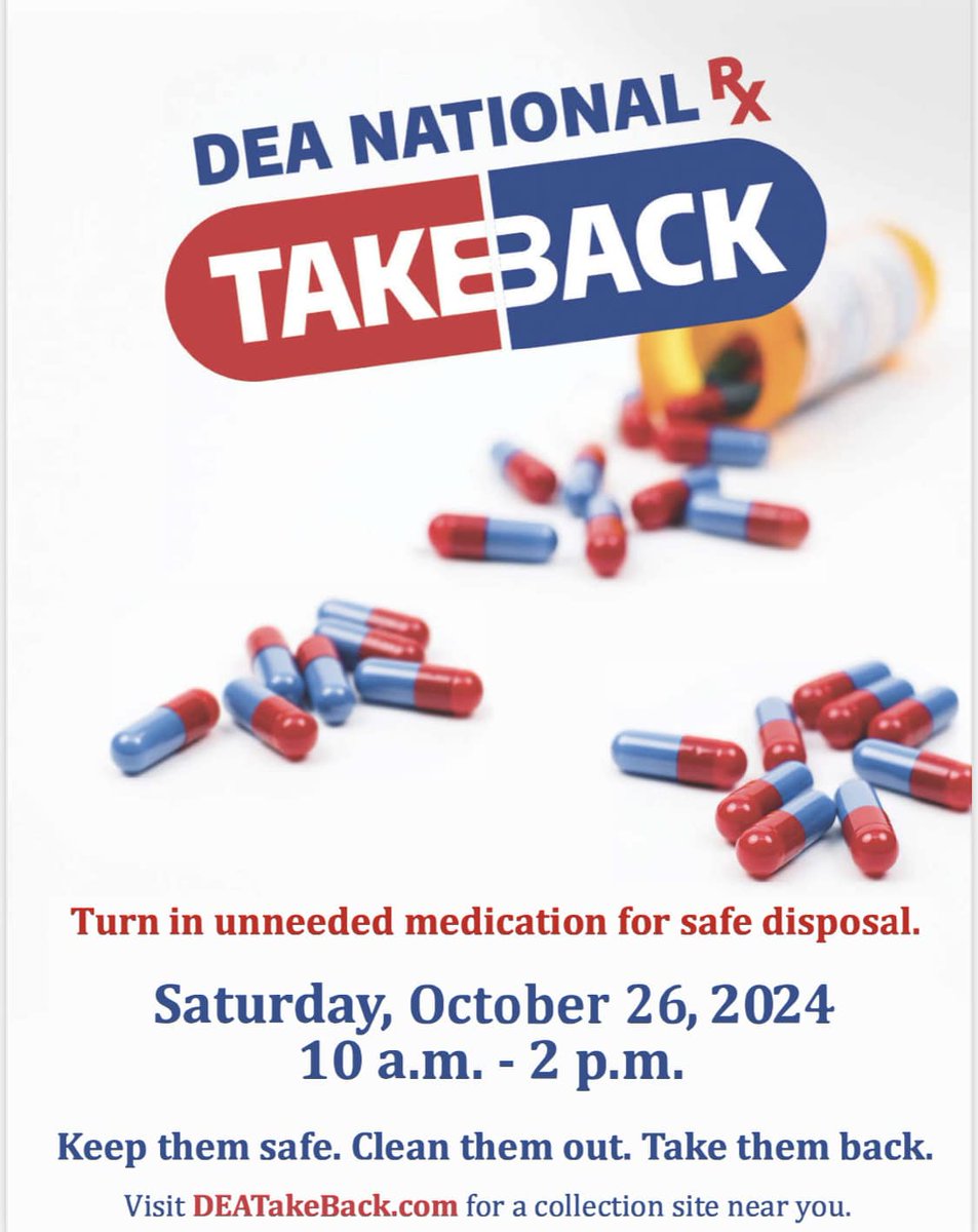 This Saturday, October 26th, 2024, from 10:00 a.m. to 2:00 p.m., Saginaw Police Department, will be participating in the DEA National Drug Take Back. Please come and safely dispose of your unwanted and expired prescription drugs for proper disposal, located at 505 W. McLeroy Blvd
