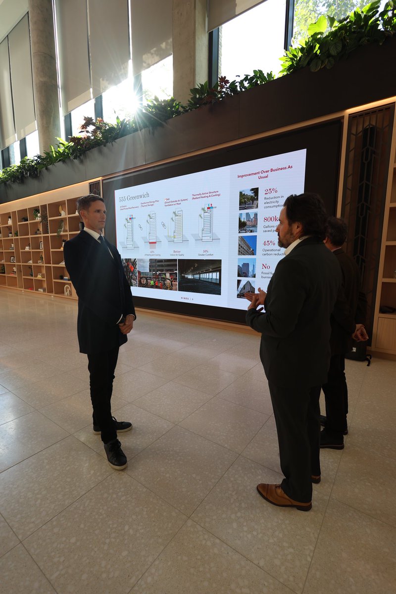 ebottcher's tweet photo. I visited 555 Greenwich, NYC’s first all-electric commercial building in Hudson Square. With #EnergyFoundations and rooftop heat pumps, it’s a model for sustainable urban development. Projected to cut CO2 by 45%, save 25% electricity, and 800K gallons of water annually! https://t.co/y6GRO3tXjG