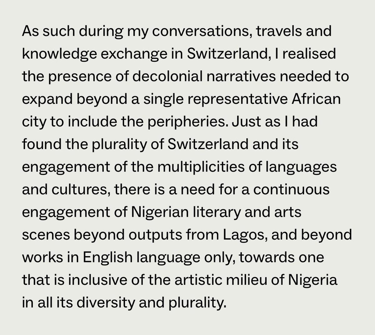 I wrote about ‘decolonial-postcolonial’ narratives reflecting on my research trip in Switzerland and the need for a more pluralistic view for curatorial and artistic programmes from Africa. 

prohelvetia.ch/en/whats-on/en…