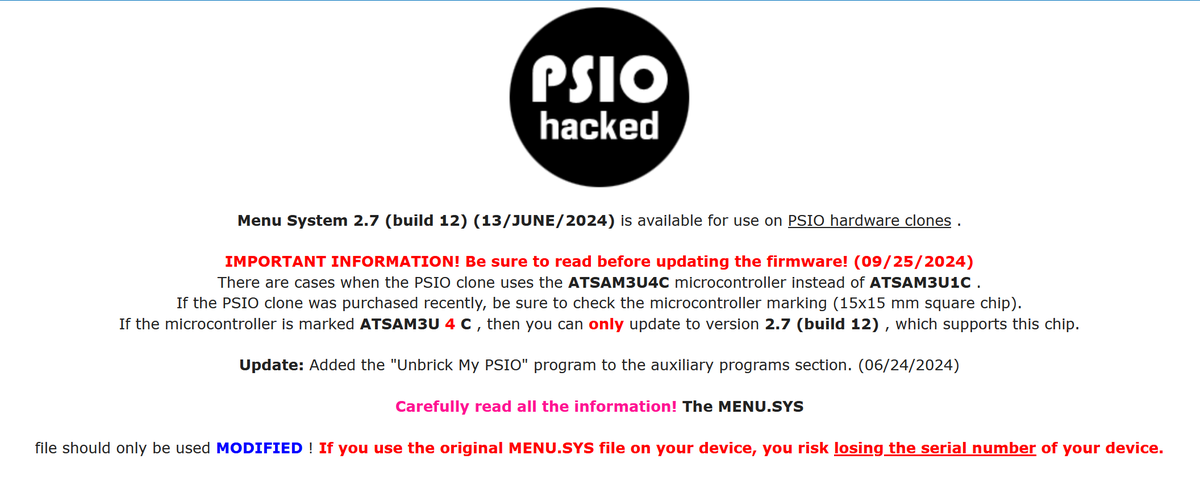 WobblingP's tweet photo. Looks like the latest PSIO firmware from June 2024 got hacked and can be now installed on PSIO clones. 
He withold the firmware for years apparently because of DRM and the firmware got hacked in weeks. 👶
Please don't ask me for any links. https://t.co/EJcvcLaEOE
