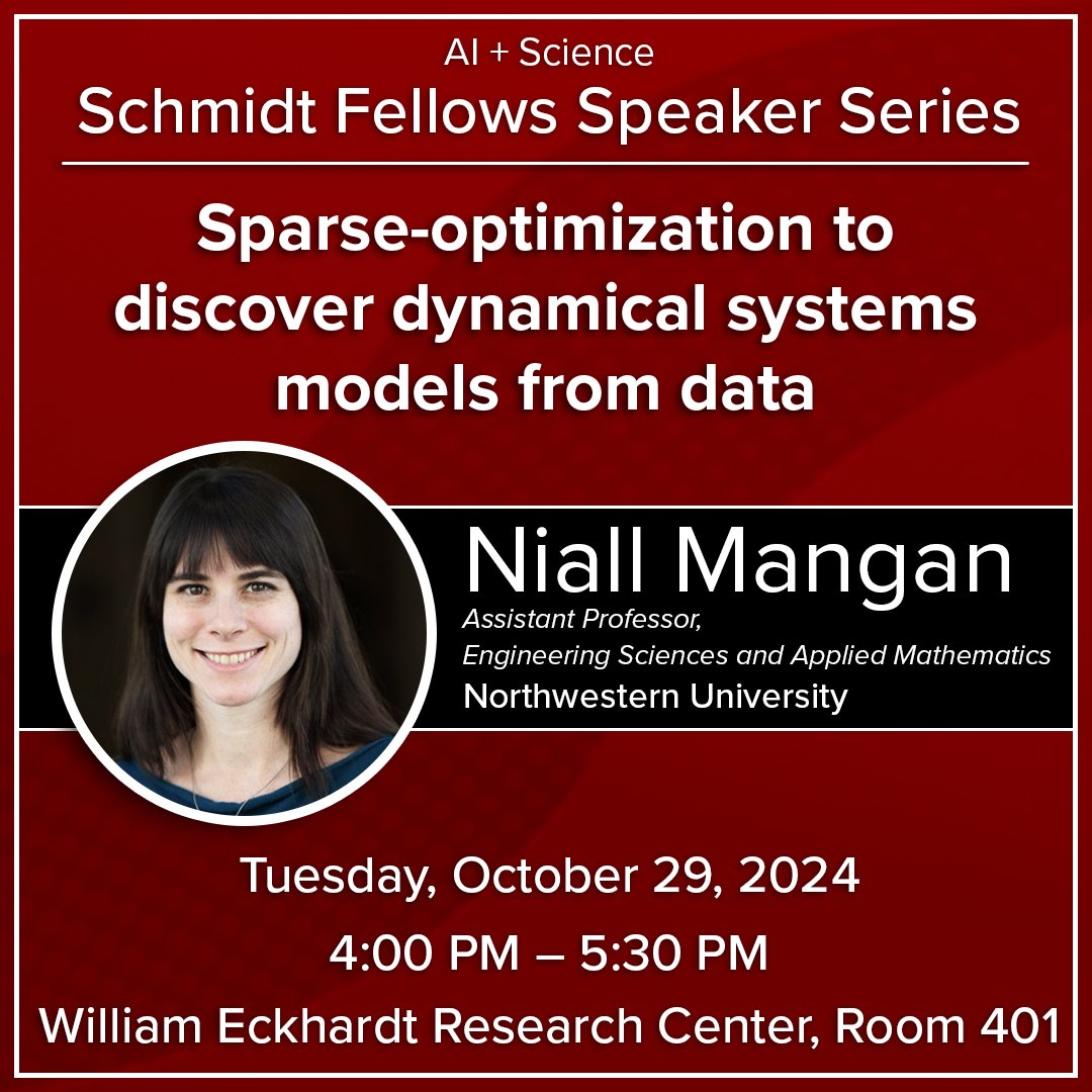 Next week, the AI+Science Schmidt Fellows Speaker Series explores ‘Sparse-optimization to discover dynamical systems models from data’ with Niall Mangan, Assistant Professor of Engineering Sciences and Applied Mathematics at <a href="/NorthwesternU/">Northwestern</a>!

datascience.uchicago.edu/events/niall-m…