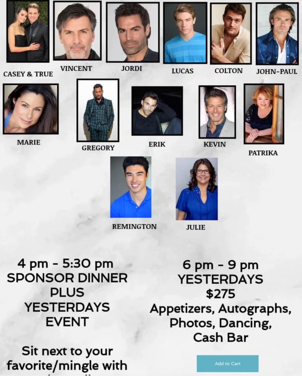 TeamVincentIrizarry (@teamirizarry) on Twitter photo Coming to Day of Days? Join us the
night before at "YesterDAYS" with 13 actors. Come for dinner, or just come and hang out on Friday, November 1st, 4p-9p, two price options $500 or $275. Come see @1caseymoss @trueobrien @vincentirizarry @jordivilasuso <a href="/thelucasadams/">Lucas Adams</a> Coming to Day of Days? Join us the
night before at "YesterDAYS" with 13 actors. Come for dinner, or just come and hang out on Friday, November 1st, 4p-9p, two price options $500 or $275. Come see @1caseymoss @trueobrien @vincentirizarry @jordivilasuso <a href="/thelucasadams/">Lucas Adams</a>