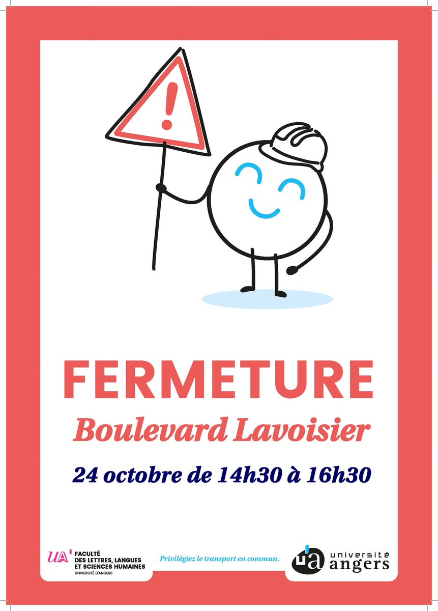 [Info travaux] Dans le cadre des travaux de la faculté LLSH le Bd Lavoisier (campus Belle-Beille) sera fermé aux véhicules de 14h30 à 16h30 demain jeudi 24/10 entre le parking étudiants et la rue Le Nôtre, pour permettre un raccordement électrique. Les bus sont également déviés.