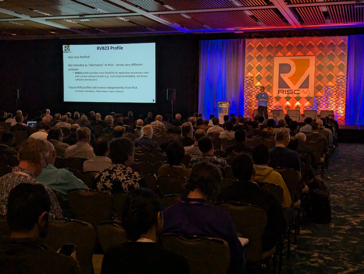 FlorianWoh's tweet image. RVA23 is released and we will find tune it in future.

Be aware we have RVB23 which is more for custom Cores to ensure still some compatibility 

Also the certification platform is coming, work is starting now (#OpenHW is working on it too)
#riscvsummit
