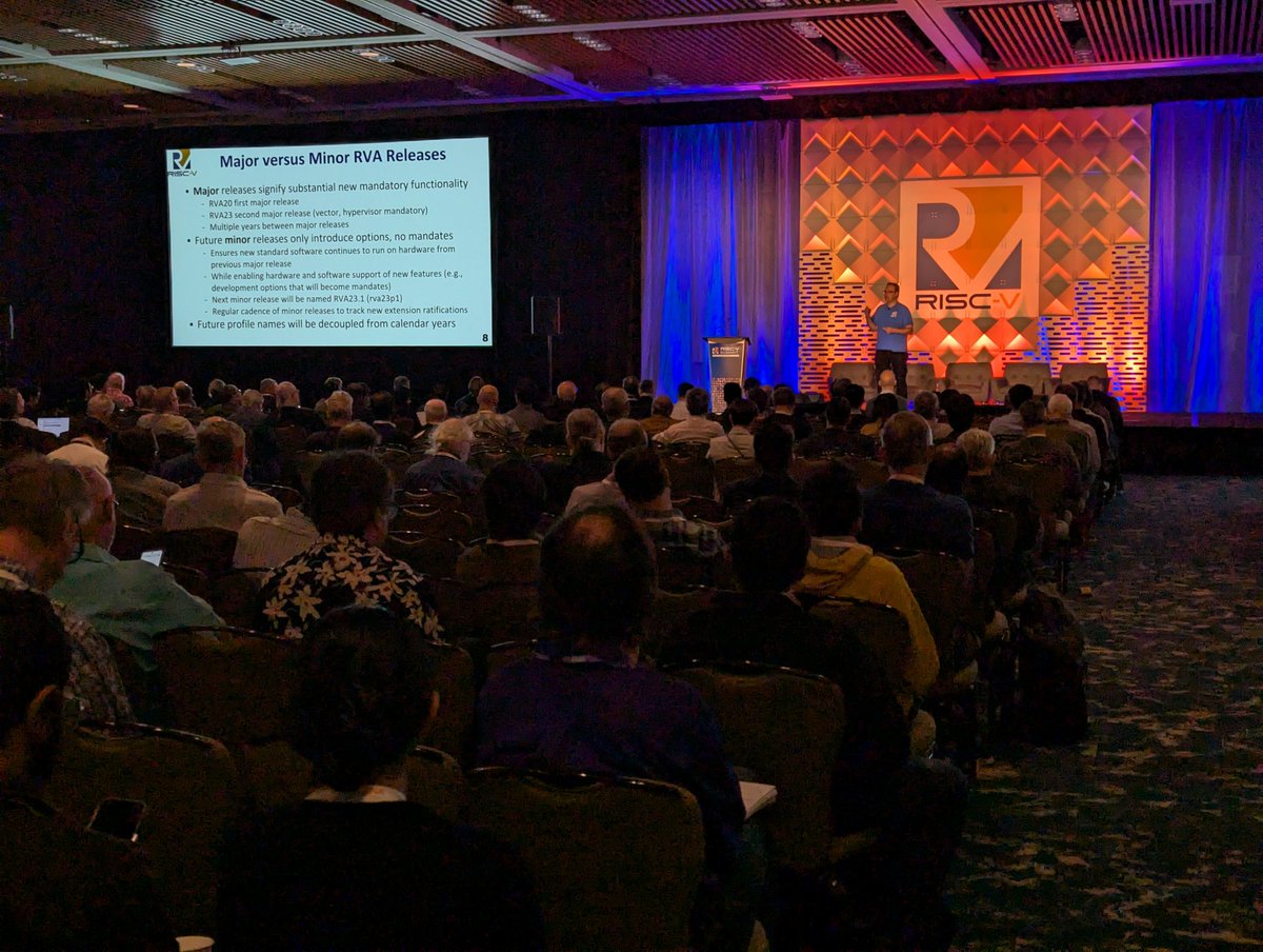 FlorianWoh's tweet image. RVA23 is released and we will find tune it in future.

Be aware we have RVB23 which is more for custom Cores to ensure still some compatibility 

Also the certification platform is coming, work is starting now (#OpenHW is working on it too)
#riscvsummit