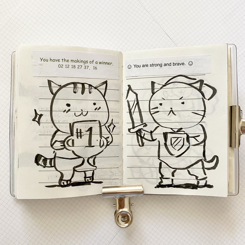 been doing some simple little kitty ink drawings with fortunes as prompts while sick at home 🖋️ 