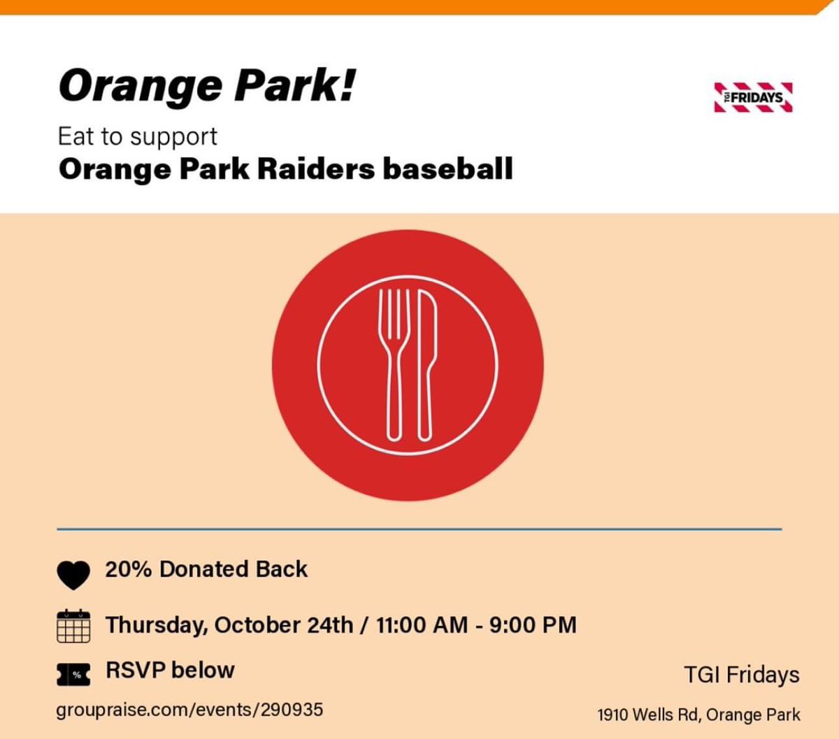 The Raider Baseball team is having a fundraising event at TGI Fridays on Wells Rd, Thursday, October 24 from 11am-9pm. Come out and support my team ⚾️ <a href="/OPHSAthletics/">OPHS Athletics</a>