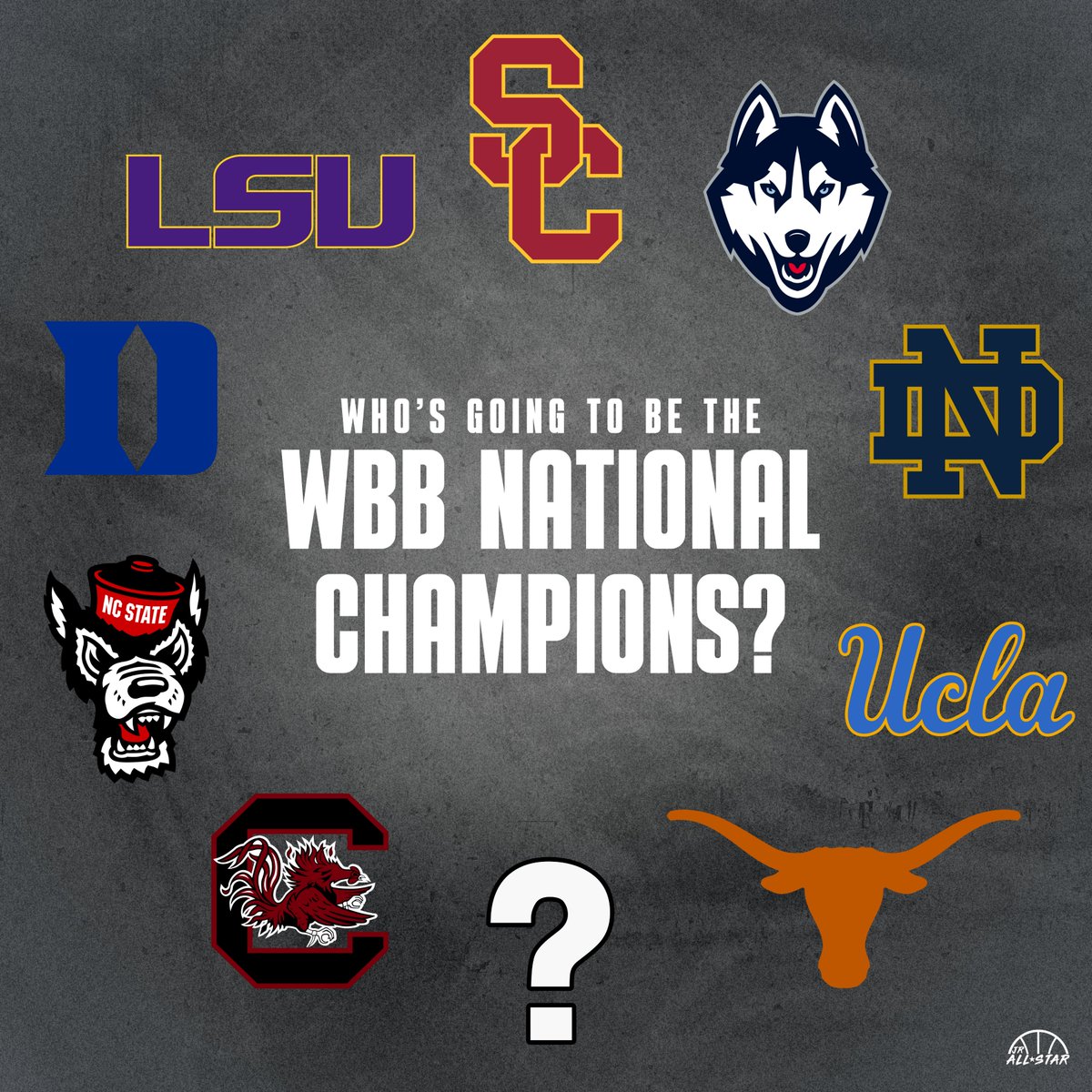 Make your 𝗡𝗔𝗧𝗜𝗢𝗡𝗔𝗟 𝗖𝗛𝗔𝗠𝗣𝗜𝗢𝗡 pick! Who’s going to win it all this year? 🏆

<a href="/GamecockWBB/">South Carolina Women's Basketball</a> <a href="/USCWBB/">USC Women's Basketball</a> <a href="/UConnWBB/">UConn Women’s Basketball</a> <a href="/ndwbb/">Notre Dame Women's Basketball</a> <a href="/TexasWBB/">Texas Women's Basketball</a> <a href="/LSUwbkb/">LSU Women's Basketball</a> <a href="/UCLAWBB/">UCLA Women's Basketball</a> <a href="/PackWomensBball/">NC State WBB 🐺🏀</a> <a href="/DukeWBB/">Duke Women’s Basketball</a>