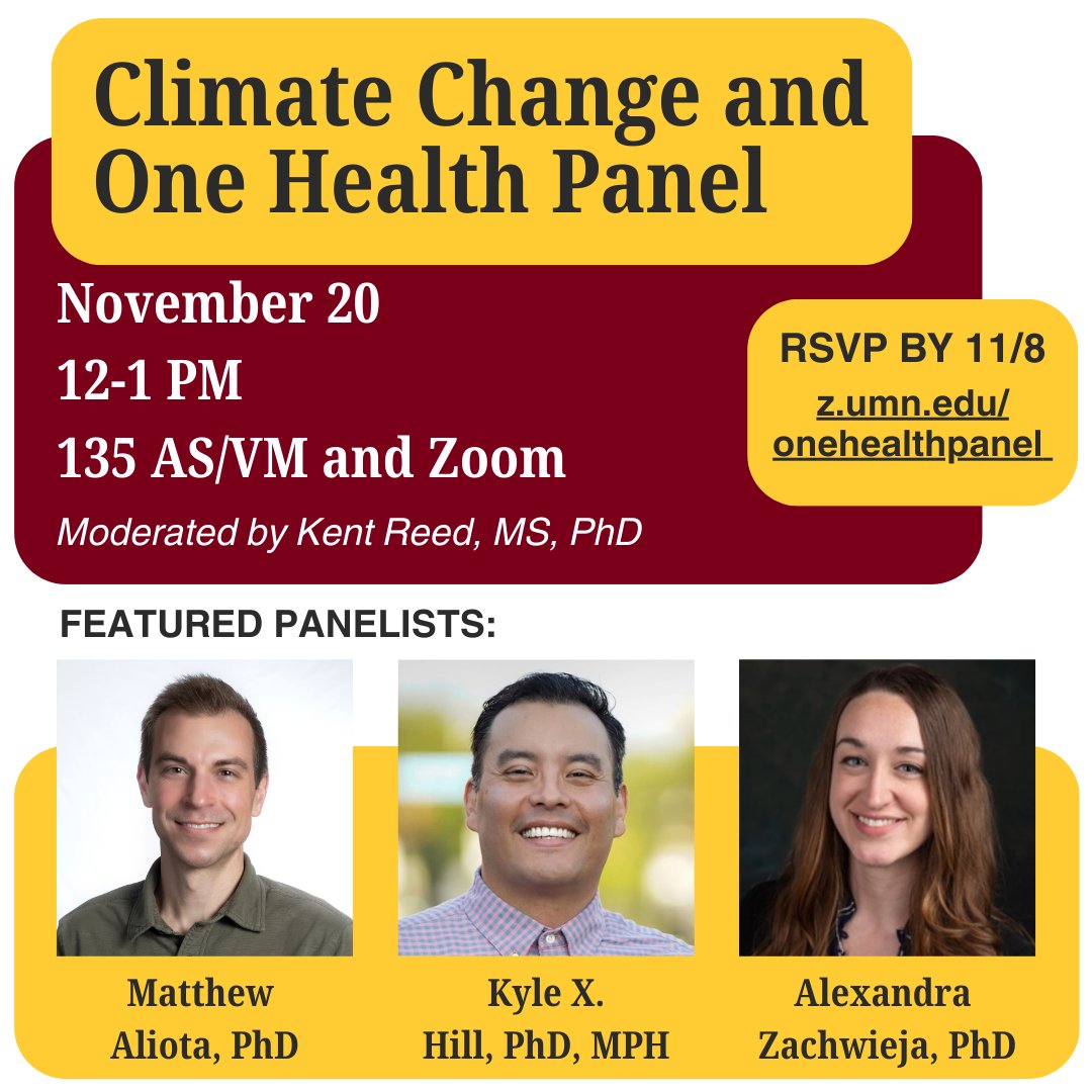 Institute on the Environment UMN (@umnione) on Twitter photo Save the date for <a href="/umnCVM/">UMN College Veterinary Medicine</a>'s upcoming "Climate Change and One Health" panel on 11/20 🌎
Engage with experts – including IonE affiliate Kyle Hill – as they explore the critical intersections of climate change and health through a #OneHealth lens. RSVP: z.umn.edu/onehealthpanel Save the date for <a href="/umnCVM/">UMN College Veterinary Medicine</a>'s upcoming "Climate Change and One Health" panel on 11/20 🌎
Engage with experts – including IonE affiliate Kyle Hill – as they explore the critical intersections of climate change and health through a #OneHealth lens. RSVP: z.umn.edu/onehealthpanel