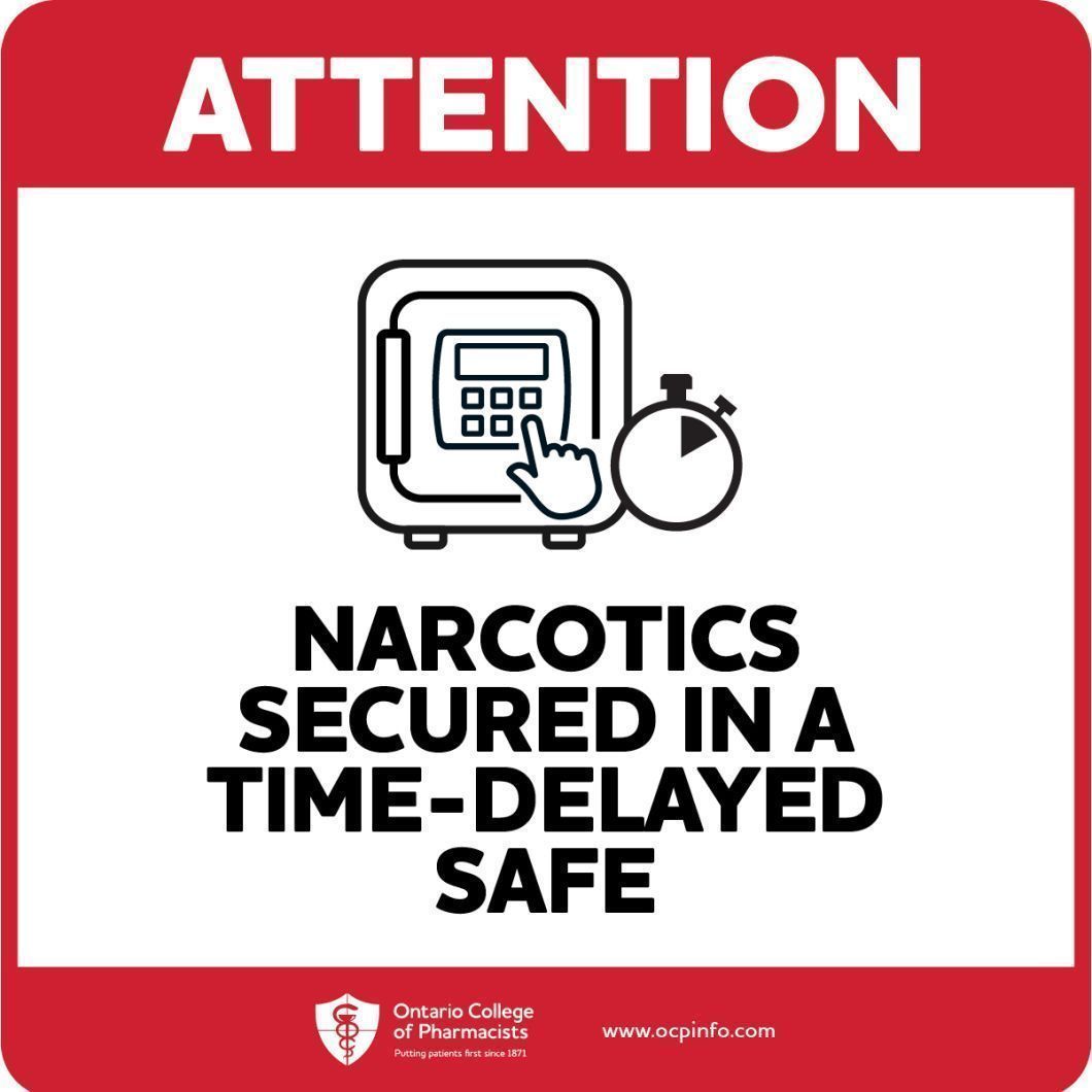 OCPInfo's tweet photo. You’ll see these signs in community pharmacies across the province. They indicate time-delayed safes are in use to secure narcotics – an important safety measure to help protect pharmacy teams and communities.

Learn more: https://t.co/MmMz2lPoni https://t.co/ZgvdeqIBQc