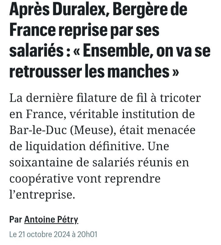 smith51_a's tweet image. Les travailleurs de l’une des dernières filatures historiques 🇫🇷 située dans la #Meuse se sont organisés en #scop pour la sauver. 

Tout comme #Duralex, #Bergere continuera à vivre grâce à ses salariés. Une preuve de plus qu’un autre modèle d’industrie est toujours possible !