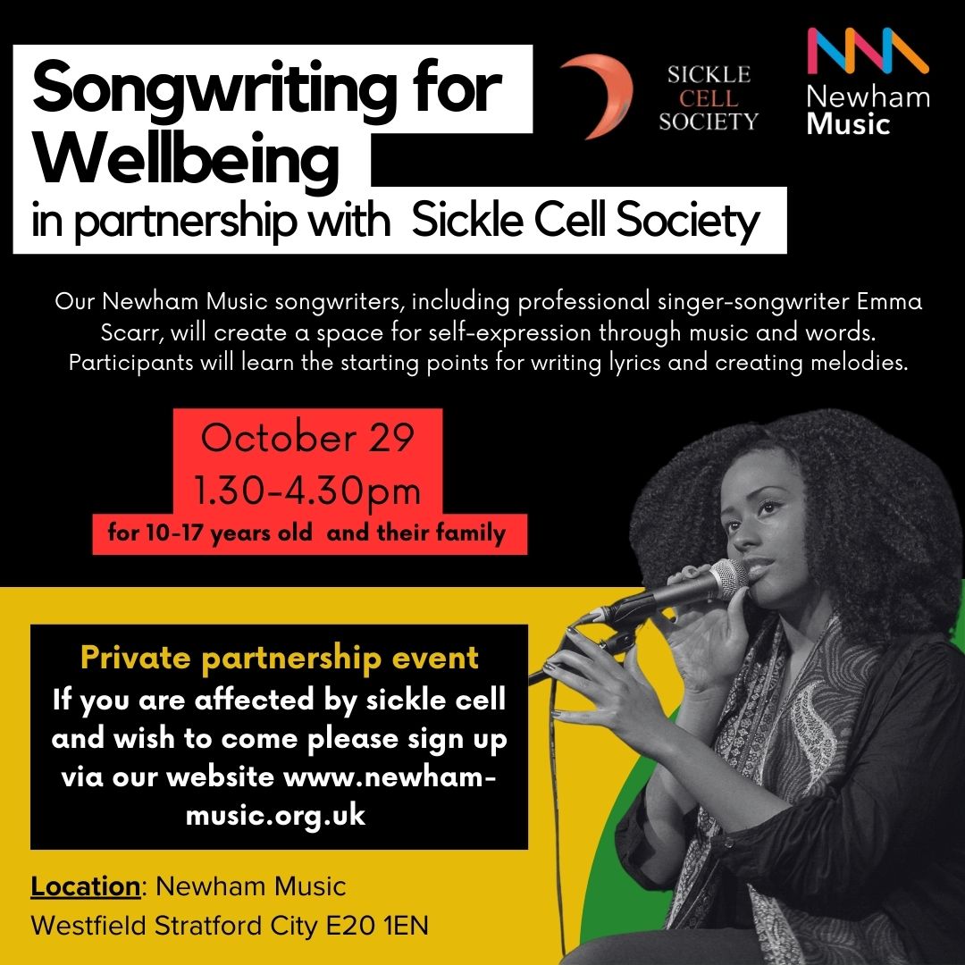 ✍🏽 Calling young creatives (10-17)! Join our songwriting &amp; poetry workshop on Oct 29. In partnership with <a href="/SickleCellUK/">Sickle Cell Society</a>, we especially encourage those affected by Sickle Cell—directly or indirectly—to take part. Sign up on our website 🎤🖊  #BlackHistoryMonth #SickleCellAwareness