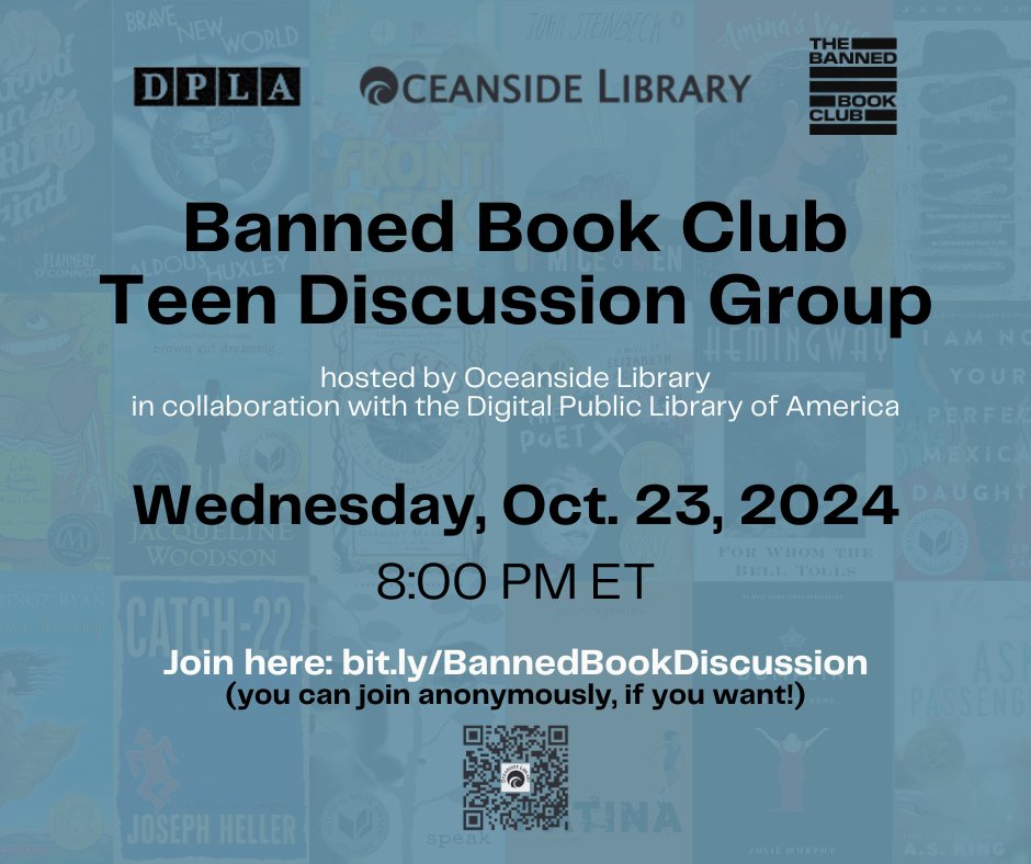 TONIGHT! Join us at 8:00pm ET for the Banned Book Club Teen Discussion Group! 

Come chat with fellow teens from across the United States about books that have faced challenges and bans. 

Join here: bit.ly/BannedBooksDis…