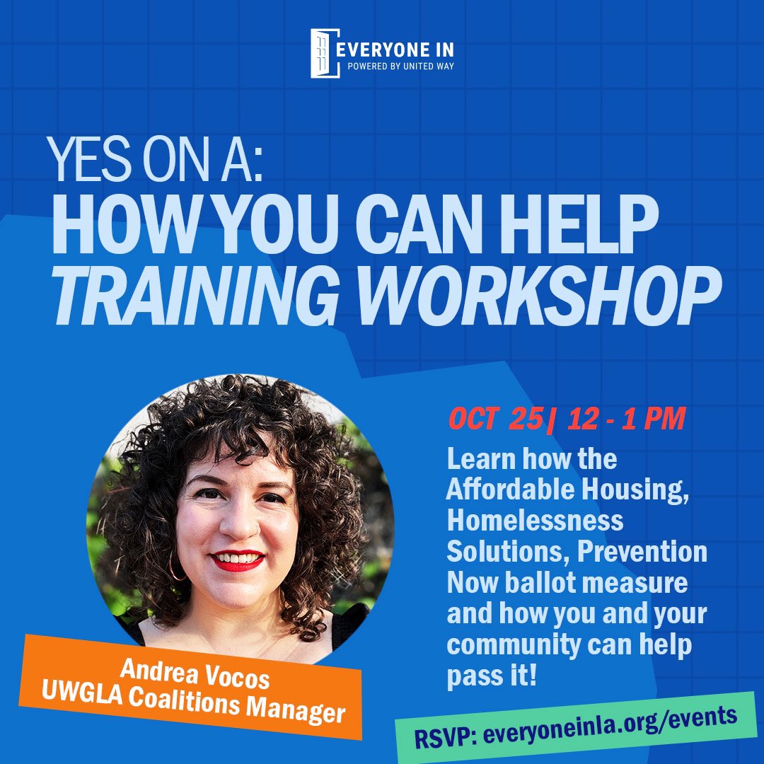 Join us Friday at noon for a workshop on all things Measure A!

Voting #YesOnA will:
✅Keep critical care in place
✅Prevent homeless from increasing
✅Ensure funding goes to the most effective services
✅Build more affordable housing

Sign up everyoneinla.org/event/yes-on-a…
