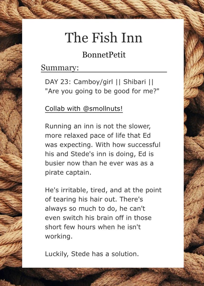 The Fish Inn

Rated E, 12k words

OFMD Kinktober 2024 event, Day 23

archiveofourown.org/works/59390746