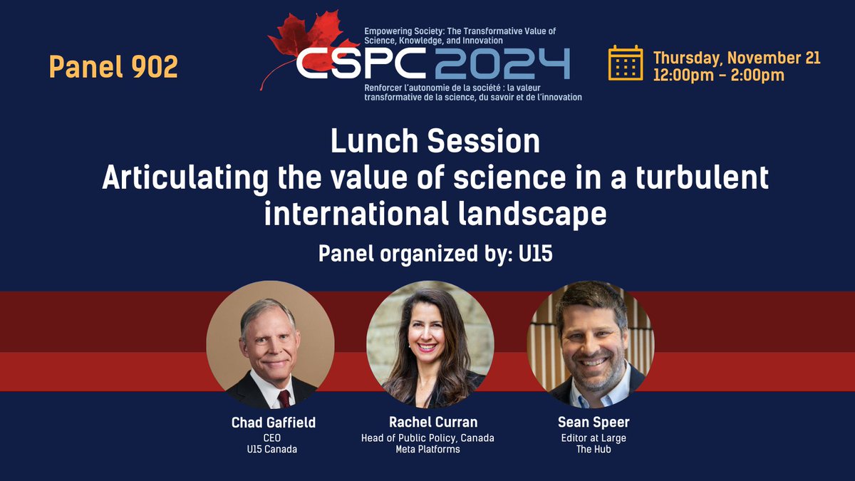 Canadian Science Policy Centre (CSPC) (@sciencepolicy) on Twitter photo .<a href="/U15ca/">U15 Canada</a> is hosting a panel at #CSPC2024!
Join <a href="/ChadGaffield/">Chad Gaffield</a> <a href="/reicurran/">Rachel Curran</a> <a href="/Sean_Speer/">Sean Speer</a> for a discussion on how Canadian scientists, scholars, and partners can work together to support a better future for all through #CdnSci #CdnInnovation:
CSPC2024.CA .<a href="/U15ca/">U15 Canada</a> is hosting a panel at #CSPC2024!
Join <a href="/ChadGaffield/">Chad Gaffield</a> <a href="/reicurran/">Rachel Curran</a> <a href="/Sean_Speer/">Sean Speer</a> for a discussion on how Canadian scientists, scholars, and partners can work together to support a better future for all through #CdnSci #CdnInnovation:
CSPC2024.CA