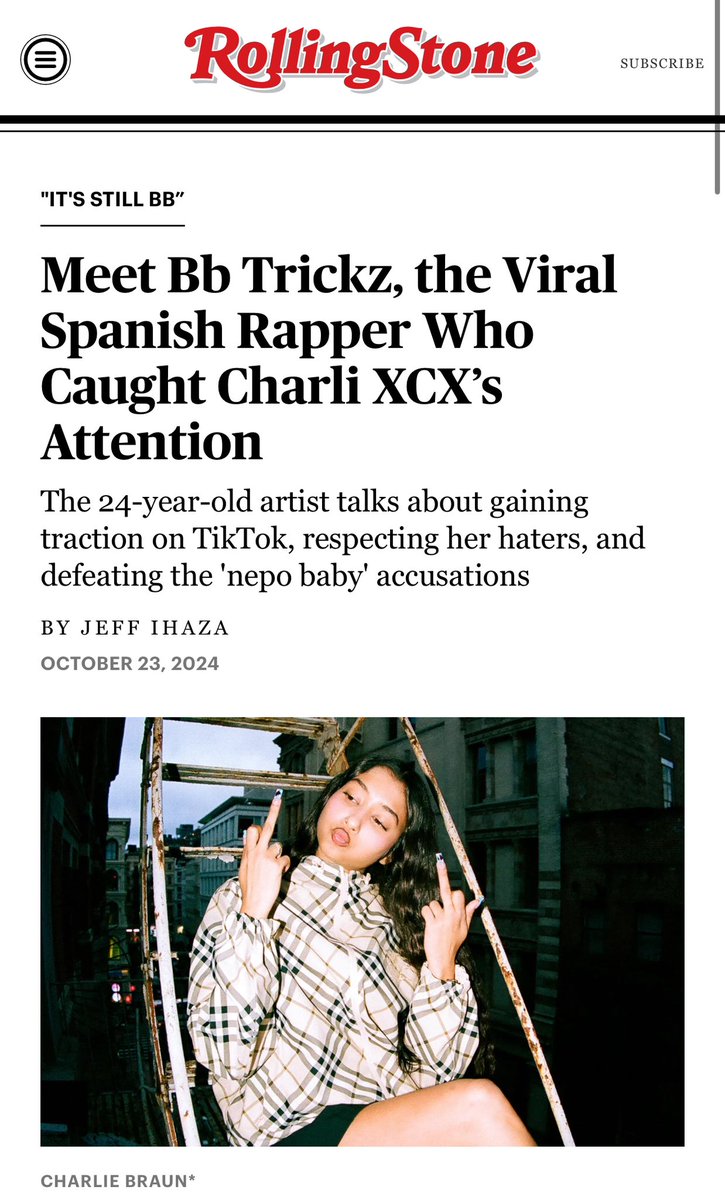 sam t. hadelman (@samhad33) on Twitter photo ‘Meet Bb Trickz, the Viral Spanish Rapper Who Caught Charli XCX’s Attention’
<a href="/BelizeKazi/">Bb</a> for <a href="/RollingStone/">Rolling Stone</a>
🖊️ <a href="/jeffihaza/">Jeff Ihaza</a>
rollingstone.com/music/music-fe… ‘Meet Bb Trickz, the Viral Spanish Rapper Who Caught Charli XCX’s Attention’
<a href="/BelizeKazi/">Bb</a> for <a href="/RollingStone/">Rolling Stone</a>
🖊️ <a href="/jeffihaza/">Jeff Ihaza</a>
rollingstone.com/music/music-fe…