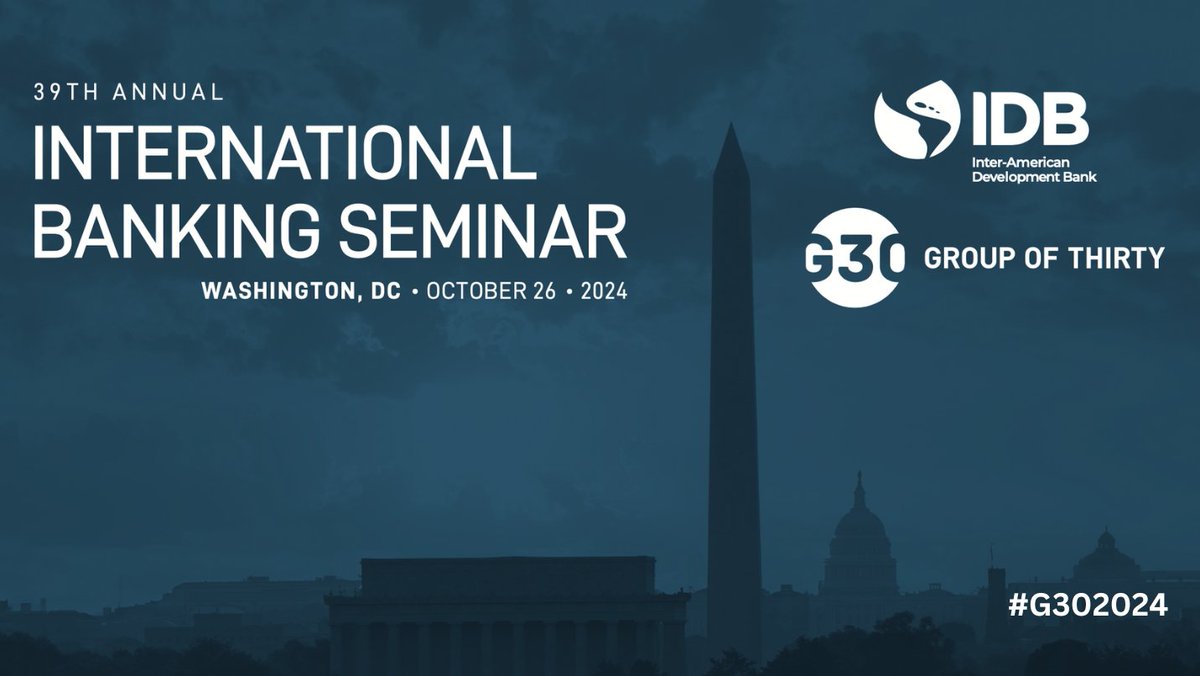Group of Thirty (@groupofthirty) on Twitter photo 📺Tune in live on October 26 for the #G30's 2024 International Banking Seminar. The Group of Thirty is delighted to be hosted by <a href="/igoldfajn/">Ilan Goldfajn</a> and <a href="/the_IDB/">Inter-American Development Bank</a> to bring together world leaders in finance and economics to discuss pressing issues. Watch here youtube.com/live/58XHI3PDF… 📺Tune in live on October 26 for the #G30's 2024 International Banking Seminar. The Group of Thirty is delighted to be hosted by <a href="/igoldfajn/">Ilan Goldfajn</a> and <a href="/the_IDB/">Inter-American Development Bank</a> to bring together world leaders in finance and economics to discuss pressing issues. Watch here youtube.com/live/58XHI3PDF…