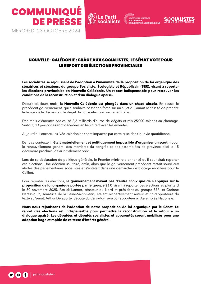 partisocialiste's tweet photo. 🔴Communiqué de presse : Les socialistes se réjouissent de l’adoption de la proposition de loi des @senateursPS, visant à reporter les élections provinciales en Nouvelle-Calédonie. Un report indispensable pour retrouver les conditions de la reconstruction et d’un dialogue apaisé. https://t.co/pDjErt5B3d