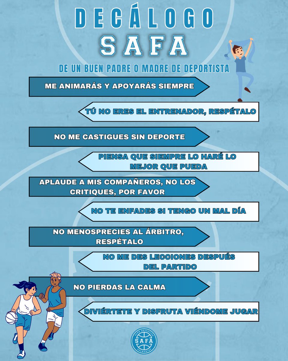 📋 Os presentamos el Decálogo de un buen padre o madre de deportista del Club Deportivo SAFA.

✅ Sigue estas recomendaciones si tu hijo o hija juega al baloncesto para que su experiencia sea de lo más satisfactoria posible.

#123SAFA 💙🤍