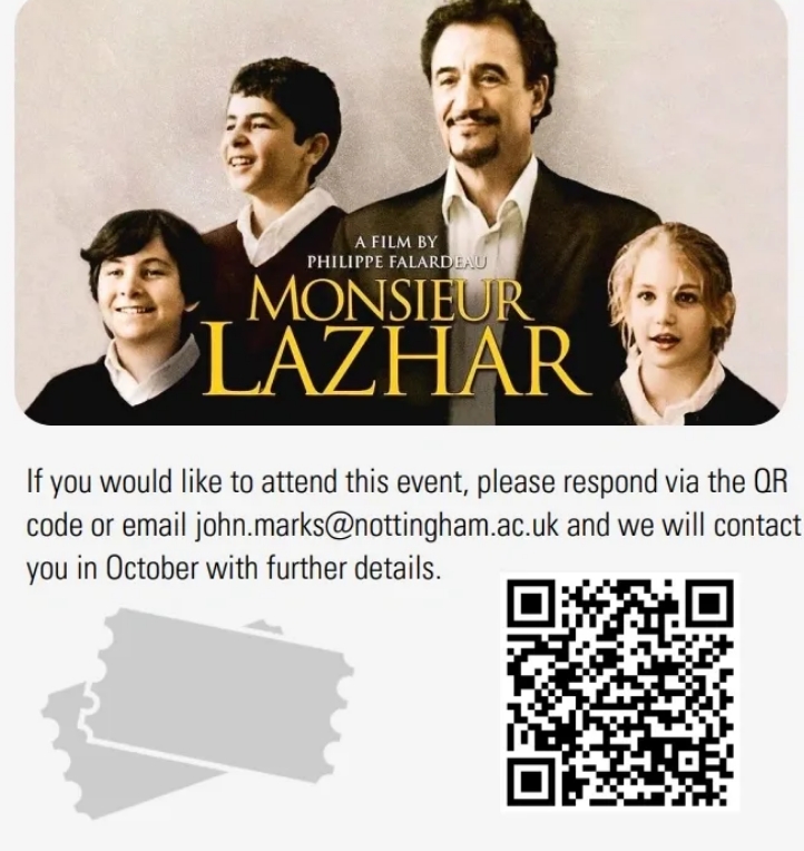 ChalleNGe (@challengenottm) on Twitter photo :
Calling all secondary staff! Come & chill at <a href="/BroadwayCinema/">Broadway Cinema</a> for a FREE screening of Philippe Falardeau's film Monsieur Lazhar (2011) on Tues 29th Oct. <a href="/UniofNottingham/">Uni of Nottingham #WeAreUoN</a> will follow up with an informal discussion on public perceptions of teaching versus the reality. More info⬇️ :
Calling all secondary staff! Come & chill at <a href="/BroadwayCinema/">Broadway Cinema</a> for a FREE screening of Philippe Falardeau's film Monsieur Lazhar (2011) on Tues 29th Oct. <a href="/UniofNottingham/">Uni of Nottingham #WeAreUoN</a> will follow up with an informal discussion on public perceptions of teaching versus the reality. More info⬇️