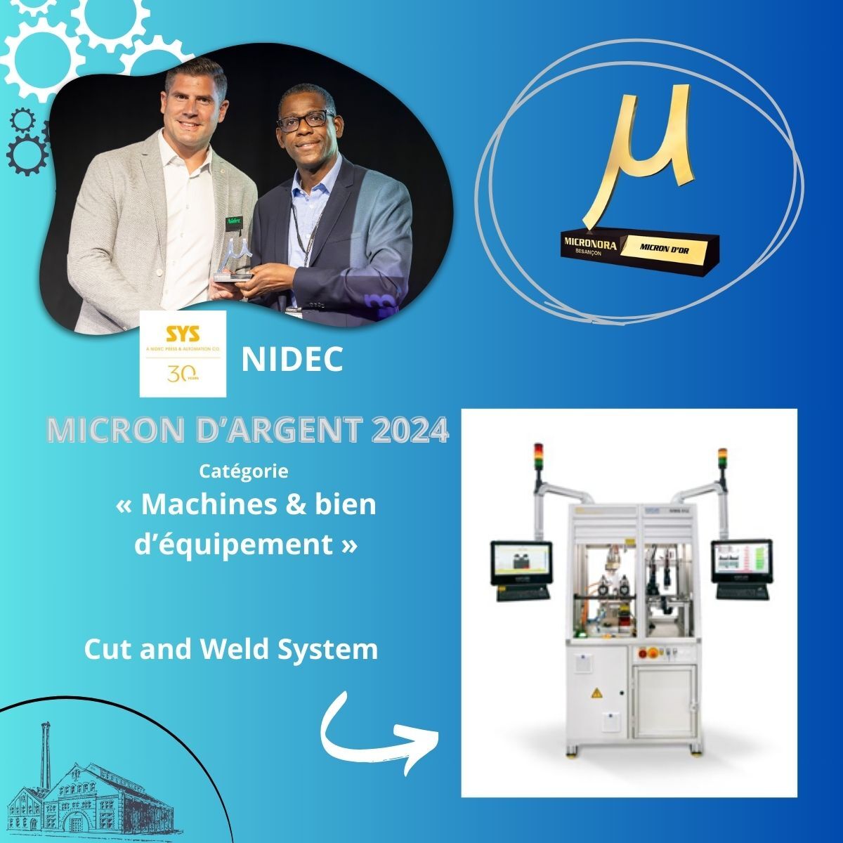 🏅 @nidecindustrial reçoit le Micron d’Argent à Micronora 2024 pour sa cellule de découpe et soudage par vision en ligne, une innovation en microtechnologie et vision artificielle ! #Micronora2024 #Innovation nidecpa-com.translate.goog/resources/news…