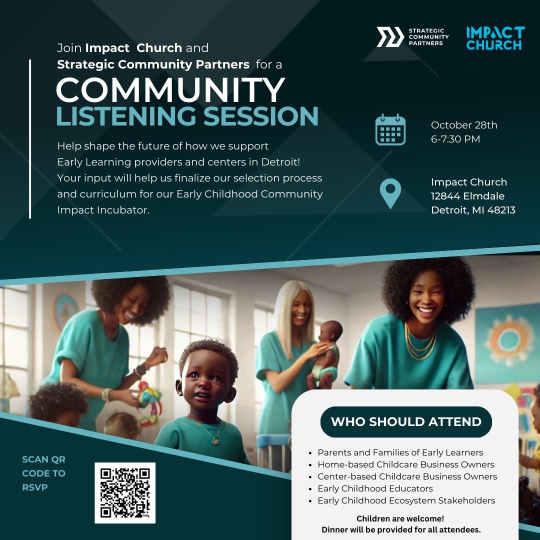 SCommPartners's tweet image. Detroit – Your voice is needed!

Join us and @ImpactChurch for our first Community Listening Session as we shape the next phase of our Early Childhood Incubator! 

RSVP today - bit.ly/eclistening](bit.ly/eclistening)  

#Detroit #CommunityListening #EarlyChildhood