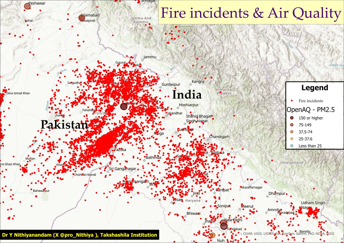prof_nithiya's tweet photo. Air pollution is not just India's problem—it's a transboundary crisis!  

The stubble burning isn’t just happening in Indian states but beyond our borders. 

Fire incidents outside & within India are higher this week, and the wind is blowing smoke into the cities.  

Take a look at the maps: 

Map 1 shows: Fire incidents in the last seven days. Red dots = fire incidents; Air quality stations = pollution intensity 

Map 2 shows: Fire incidents in the last 24 hrs. 

Map 3 shows: Fire incidents today. 

This isn’t a question of who’s responsible for the pollution—the geospatial maps clearly show the sources and locations! And guess what? 

These fires aren’t just daytime events. Comparing the last 24 hours with today's incidents, it seems the night fires are equally intense, which means vigilance and enforcement should step up after dark, too!   

Transboundary cooperation is vital to protect the air we all breathe. Let's act before it's too late.   

#PolicyAction #AirQuality #StubbleBurning #Geospatial #TransboundaryCrisis #ActNow #DelhiAirPollution #DelhiPollution #BreatheEasyDelhi #DelhiSmog #DelhiAirQuality #CleanAirDelhi #DelhiAirCrises #DelhiHaze #DelhiAirPurification #DelhiAirToxicity