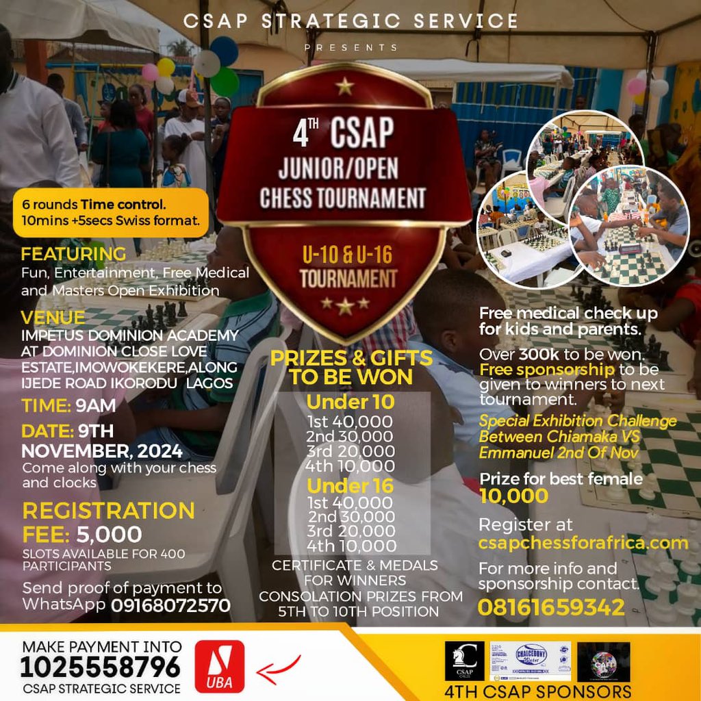 Csap_Chess's tweet image. Only 17 Days to Register! ⏰

Time is running out to register for our November 9th chess competition. Ensure your child’s spot today and be part of an amazing event.

Register today!

Website: csapchessforafrica.com

Contact: 08161659342 (Mr Chima)

#Csapchess #chess