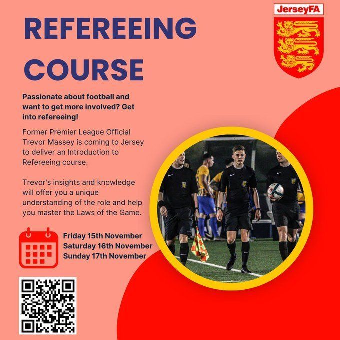 JerseyFA's tweet photo. Looking to get more involved in football but not sure about playing?

Refereeing is a great way to be at the centre of the action. ⚽

Why not start your journey now and sign up for our introductory refereeing course in November. 📝

https://t.co/W42jCuTIny https://t.co/10mRnb9Yle