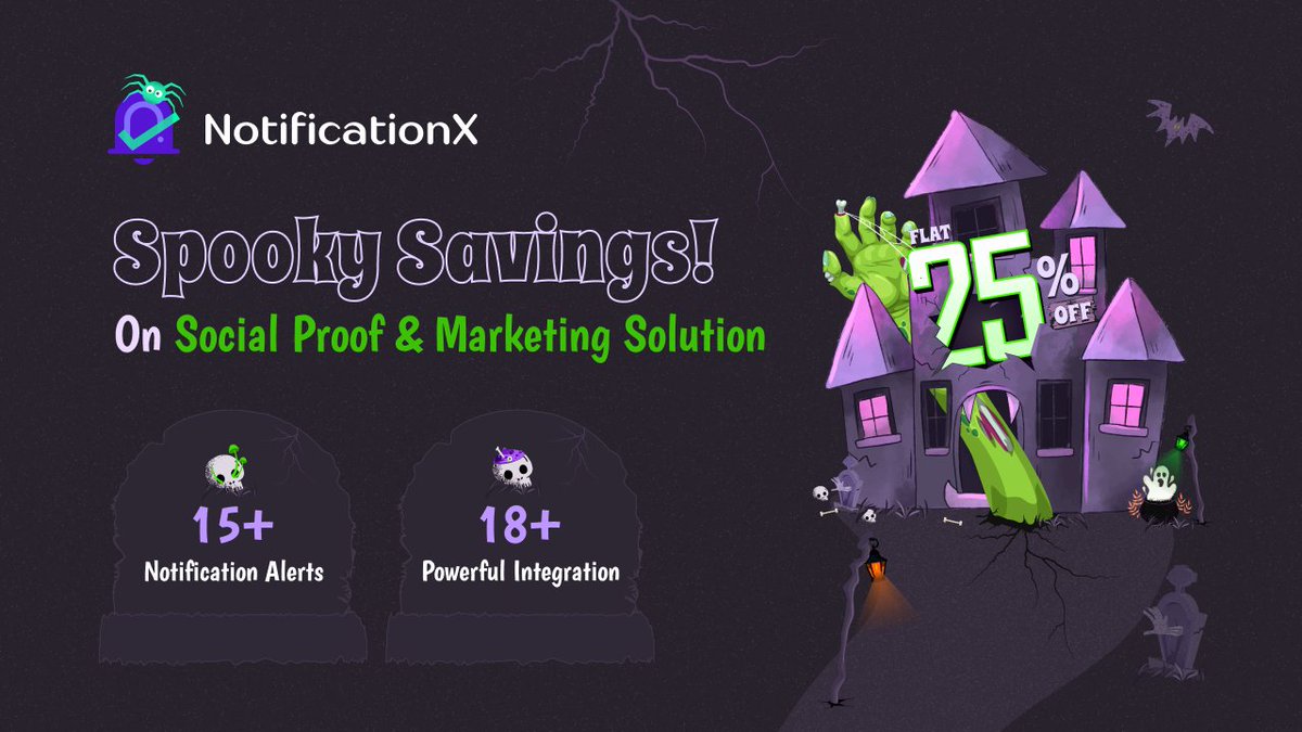 NotificationX_'s tweet photo. 🧟 Haunt Down Big Savings 🧟
Get mesmerizing FLAT 25% OFF NotificationX PRO this Halloween. Or, upgrade to the Lifetime Plan for endless marketing magic 🧙♂️
🎁 Grab your deal now 👇
https://t.co/F8NxNkZGMJ
#Hallween2024 #NotificationX #HalloweenDeals https://t.co/djHCou3sNP