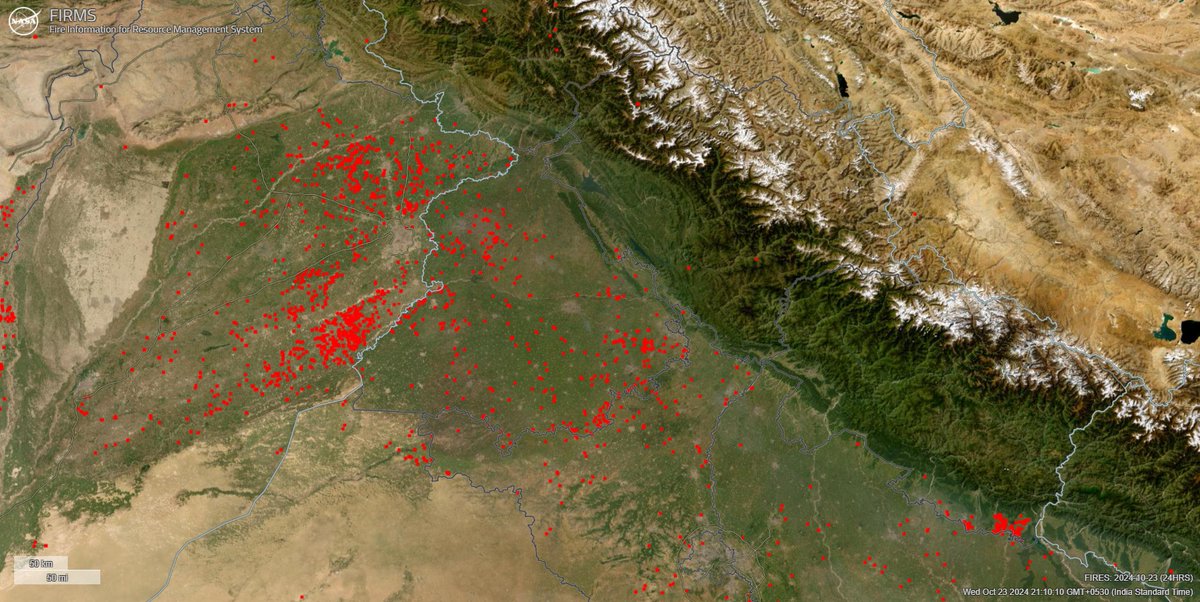 prof_nithiya's tweet photo. Air pollution is not just India's problem—it's a transboundary crisis!  

The stubble burning isn’t just happening in Indian states but beyond our borders. 

Fire incidents outside & within India are higher this week, and the wind is blowing smoke into the cities.  

Take a look at the maps: 

Map 1 shows: Fire incidents in the last seven days. Red dots = fire incidents; Air quality stations = pollution intensity 

Map 2 shows: Fire incidents in the last 24 hrs. 

Map 3 shows: Fire incidents today. 

This isn’t a question of who’s responsible for the pollution—the geospatial maps clearly show the sources and locations! And guess what? 

These fires aren’t just daytime events. Comparing the last 24 hours with today's incidents, it seems the night fires are equally intense, which means vigilance and enforcement should step up after dark, too!   

Transboundary cooperation is vital to protect the air we all breathe. Let's act before it's too late.   

#PolicyAction #AirQuality #StubbleBurning #Geospatial #TransboundaryCrisis #ActNow #DelhiAirPollution #DelhiPollution #BreatheEasyDelhi #DelhiSmog #DelhiAirQuality #CleanAirDelhi #DelhiAirCrises #DelhiHaze #DelhiAirPurification #DelhiAirToxicity