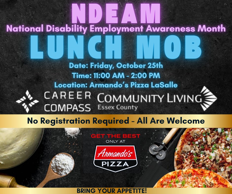 Join our Lunch Mob this Friday, Oct 25th, from 11 AM - 2 PM (drop in any time!) at Armando's Pizza in LaSalle (221 Front Rd, LaSalle). Celebrate inclusive hiring during National Disability Employment Awareness Month and support a local business! <a href="/CLEssexCounty/">Community Living Essex County</a> <a href="/WEEGcommittee/">Windsor Essex Employment Group</a>
