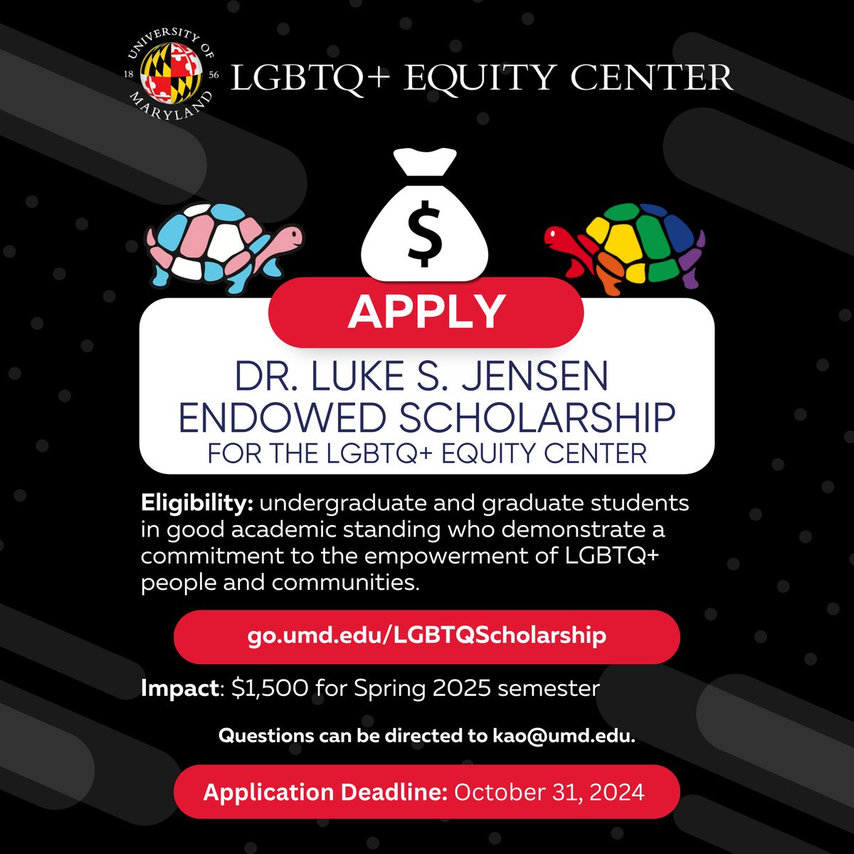 The LGBTQ+ Equity Center is accepting applications for the Dr. Luke S. Jensen Endowed Scholarship. The scholarship is awarded to graduate and undergraduate students who demonstrate a commitment to the empowerment of LGBTQ+ people and communities. Apply: umd.scholarshipuniverse.com/student/schola…
