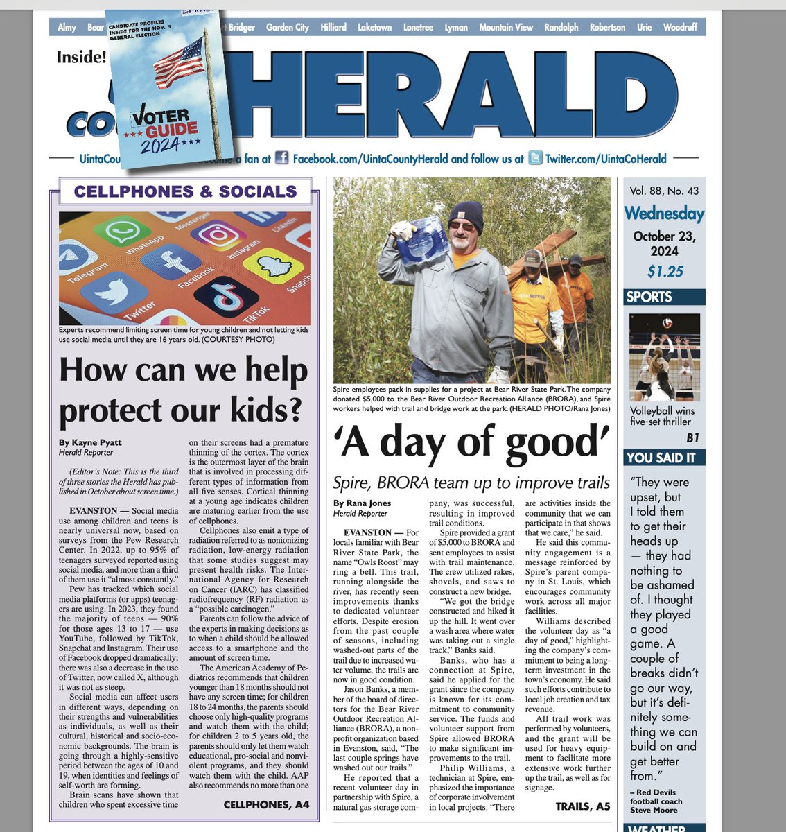 Cool to see <a href="/spire_energy/">Spire</a> on the front page of the Uinta County Herald after teaming up with Bear River Outdoor Recreation Alliance to improve trails at Bear River State Park in #Wyoming