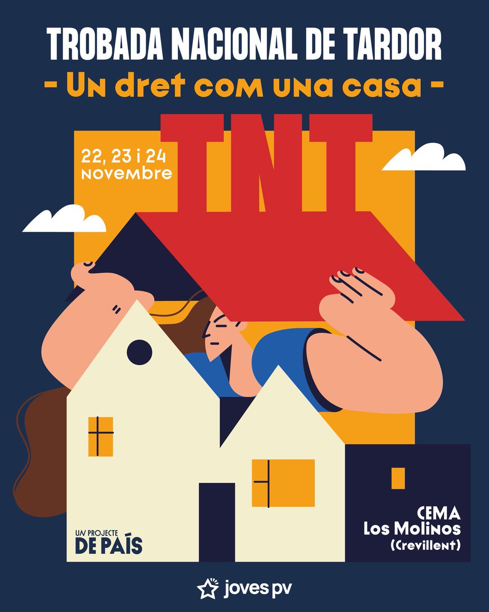🏡 Un dret com una casa!

El pròxim 22, 23 i 24 ens trobarem a Crevillent en la Trobada Nacional de Tardor 2024 de Joves PV.🍂

Un cap de setmana centrat en el dret a l’habitatge.🏡

Ja et pots apuntar al link de la bio🔗