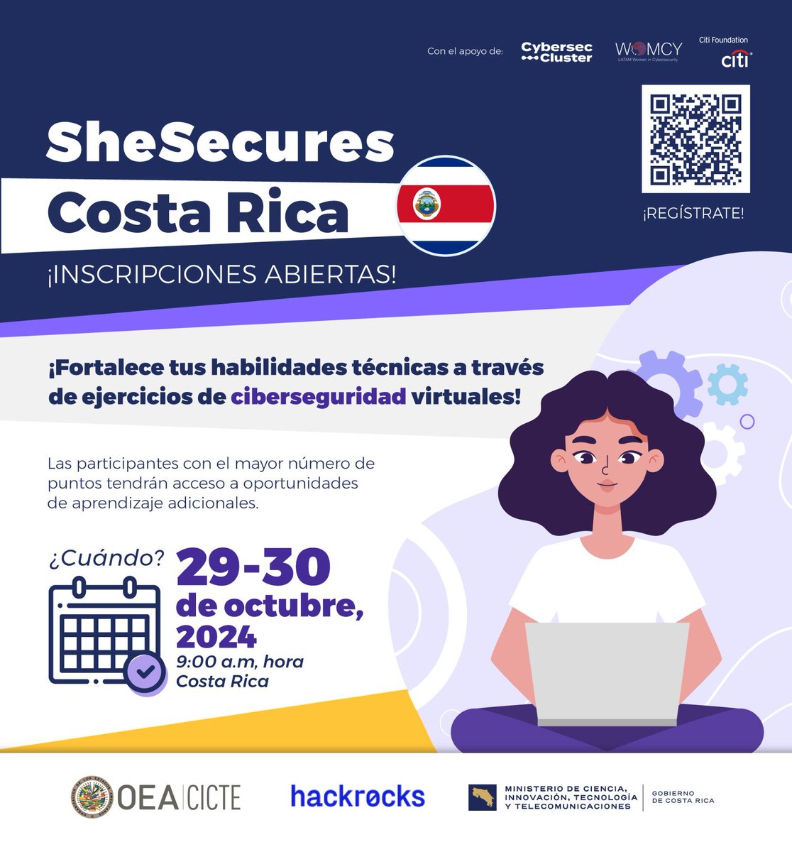 ¿Quieres dominar la #Ciberseguridad? 🙋‍♀️

Únete a #SheSecuresCostaRica 🇨🇷 el 29 de octubre y forma parte del cambio.

Regístrate individualmente o con un equipo de hasta 3 mujeres antes del 27 de octubre. ¡No te lo pierdas! 

Más info y Registro👉 shesecures-costarica.hackrocks.com