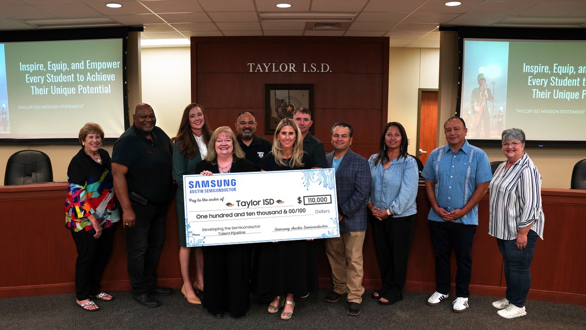 SamsungAustin's tweet photo. This week, we presented @taylorducks &amp; @ManorISD with our investment for 2024. The educational partnerships we have with these two districts are paramount to providing quality education and programs to inspire all youth to be the best they can be.  #WorkforceDevelopment https://t.co/9tjYxvHOk4