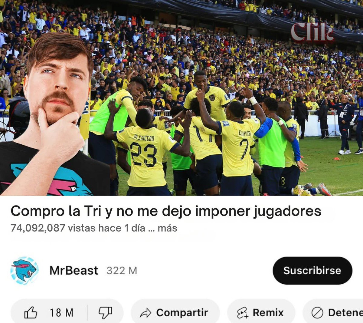 ClikChocolate's tweet photo. Las reales razones por las que Mr. Beast está en Ecuador 🇪🇨

#MrBeast #LaTri #JanTopic #apagones https://t.co/5bqAqLyTEE