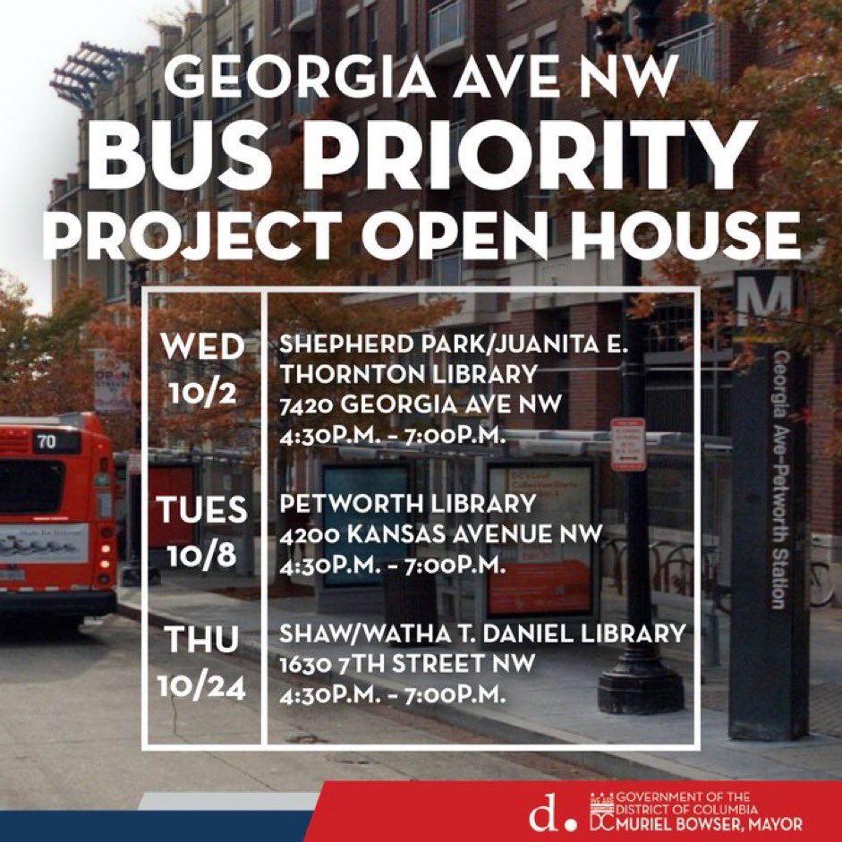 Neighbors! Tomorrow DDOT is hosting a meeting to discuss the Georgia Ave NE Bus Priority Lane project. I will attend to learn more about how this project will improve transportation in our neighborhood. I support this and other efforts to improve reliability of public transit