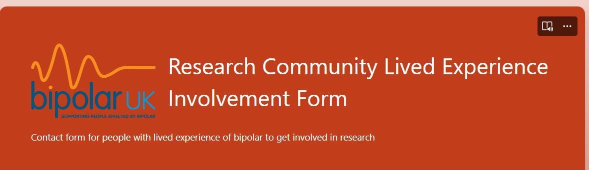 Prof Tania Gergel (@drt_gergel) on Twitter photo If you have lived experience of bipolar, pls join our <a href="/BipolarUK/">Bipolar UK</a> Research Community to hear about opportunities for research & lived experience advisory involvement.
Pls share widely and RT & thanks if you've already joined!
bipolaruk.org/research-partn… If you have lived experience of bipolar, pls join our <a href="/BipolarUK/">Bipolar UK</a> Research Community to hear about opportunities for research & lived experience advisory involvement.
Pls share widely and RT & thanks if you've already joined!
bipolaruk.org/research-partn…
