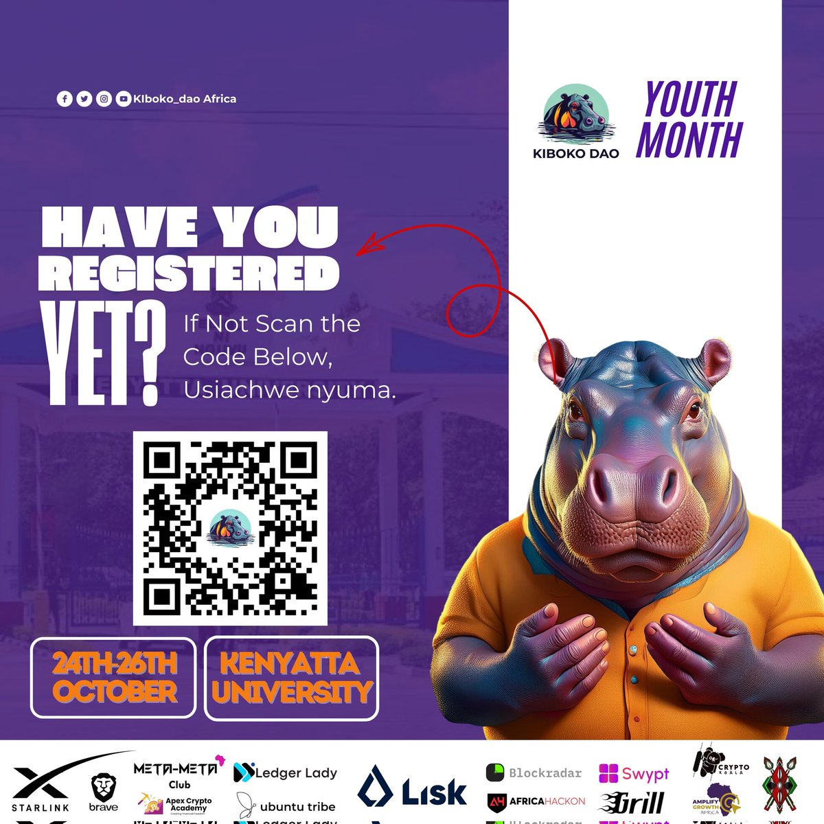 Don't miss out on the biggest youth event of the year! 🎉 Join us for Youth Month at Kenyatta University. 

🔗 Register Here: lu.ma/5x5kyk5z

#KibokoDAO  #Web3     #Tech #kibokoDAOTukoKU
#YouthMonthKU