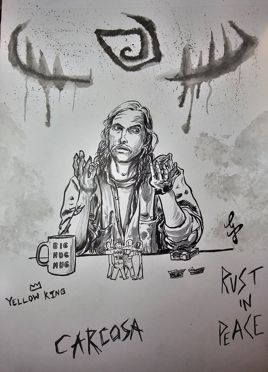 Day 23 - Rust 
Rust Cohle from True detective season1  just blew me away with what he was doing with his hands while spouting high intelligencia stuff like - "Death created time to grow the things that it would kill" !  

#inktober #inktober2024 #TrueDetective #MatthewMcConaughey