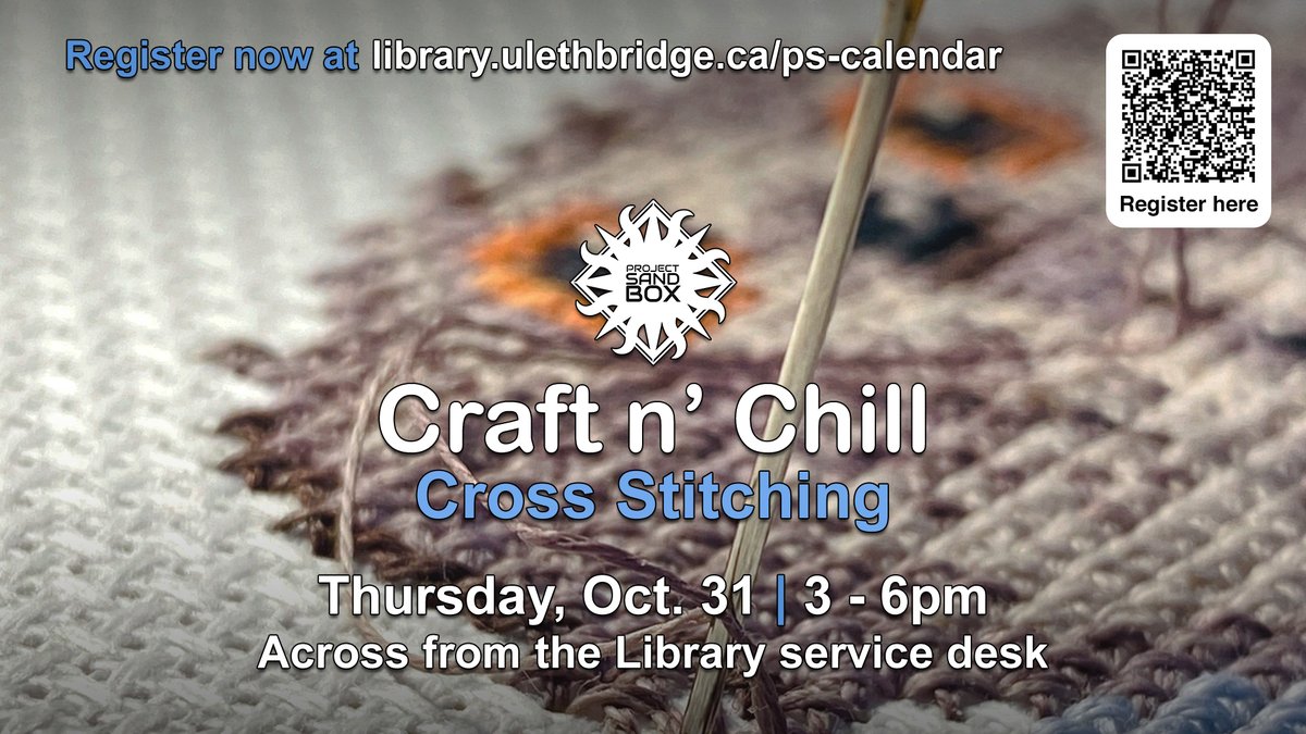 ulethlibrary's tweet image. 𝒞𝓇𝒶𝒻𝓉 𝓃&apos; 𝒞𝒽𝒾𝓁𝓁: 𝒞𝓇𝑜𝓈𝓈 𝒮𝓉𝒾𝓉𝒸𝒽𝒾𝓃𝑔 🧵🪡🖼️

Hang out with other members from the #ULethbridge community and cross stitch!

📅WHEN: Thu, Oct 31; 3–6pm
📍WHERE: #ProjectSandbox Space (Library – Level 10)

🔗Details &amp;amp; registration @ myexperience.uleth.ca/openEvents.htm…