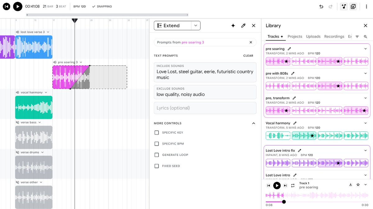 GoogleDeepMind's tweet photo. We’ve also been working on a new version of Music AI Sandbox, an experimental suite of tools to supercharge workflows for musicians, producers and songwriters.

Used as part of the @YouTube Music AI Incubator, it can help sketch songs, brings a multi-track view plus more. https://t.co/4GbUpUAUcx