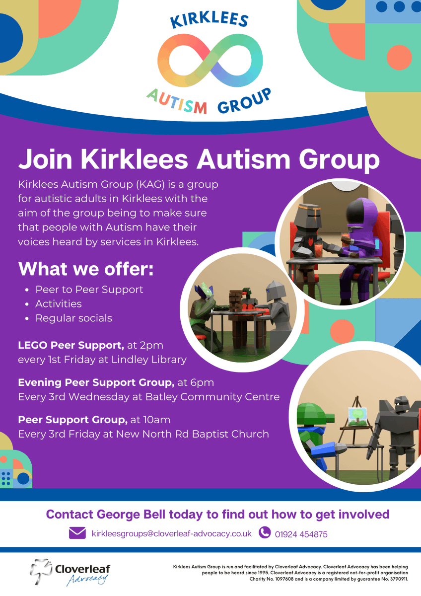 ✨ Cloverleaf Advocacy’s #serviceinthespotlight this week is Kirklees Autism Group! ✨ The group offers peer support, activities, and social events for autistic adults in Kirklees.