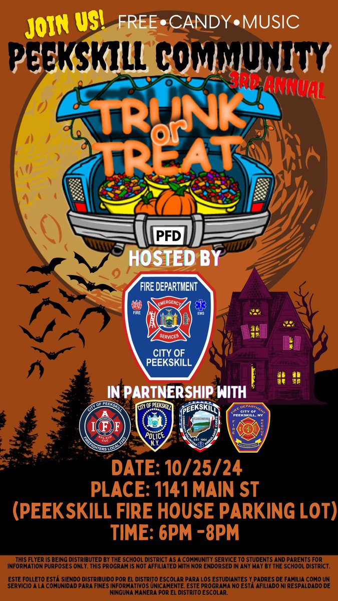 PeekskillVAC's tweet image. Come on down to the Peekskill Fire Department
This Friday Oct. 25th at 6PM -8PM for Trunk or Treat. 

#Funtime #Peekskill #PeekskillEMS #PeekskillPD #PeekskillFD #Candy #Music #Halloween