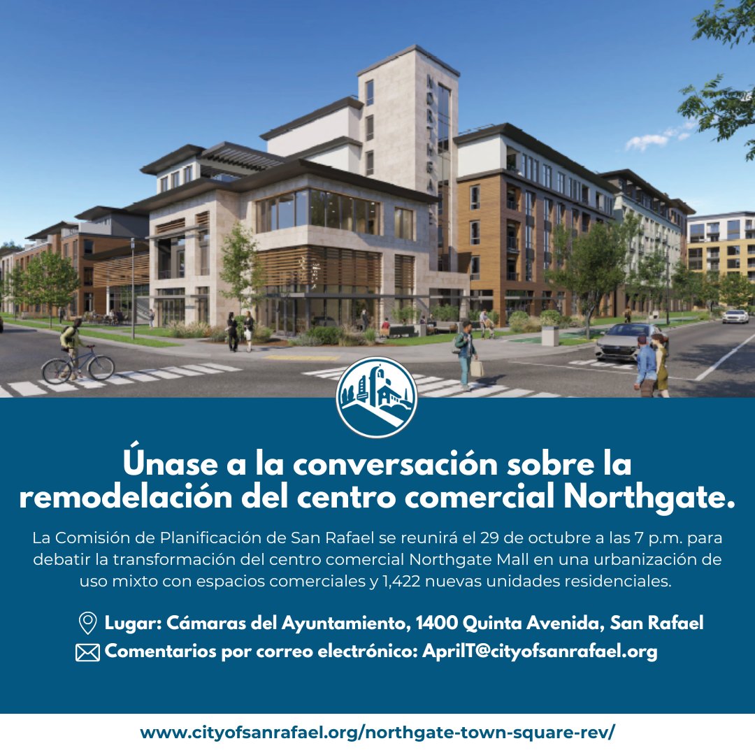 City of San Rafael (@cityofsanrafael) on Twitter photo The San Rafael Planning Commission is holding a public hearing on October 29th at 7 PM to discuss the transformation of Northgate Mall.
📍 Location: City Council Chambers
💻 Email comments: AprilT@cityofsanrafael.org
🔗 Visit the project website cityofsanrafael.org/northgate-town… The San Rafael Planning Commission is holding a public hearing on October 29th at 7 PM to discuss the transformation of Northgate Mall.
📍 Location: City Council Chambers
💻 Email comments: AprilT@cityofsanrafael.org
🔗 Visit the project website cityofsanrafael.org/northgate-town…