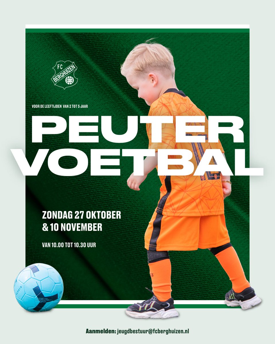 Wil je ook graag voetballen? Schrijf je dan in voor peutervoetbal bij FC Berghuizen.

Belangrijk om te weten:

 • Iedereen is welkom, dus neem je vriendjes mee.
 • Deelname is gratis.
 • Voetbalschoenen zijn niet verplicht.

Aanmelden: jeugdbestuur@fcberghuizen.nl.