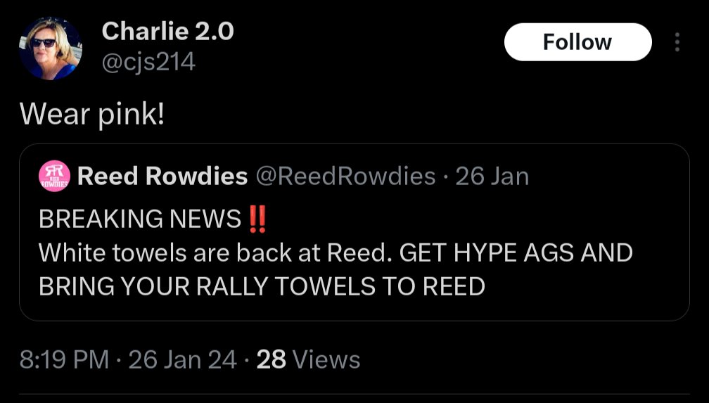 MattMMXI's tweet photo. .@cjs214: black is not our color, wear maroon and white.

Also @cjs214 this past January: wear pink to Reed Arena!!!

Something about this feels disingenuous... https://t.co/BskJsIGBRm